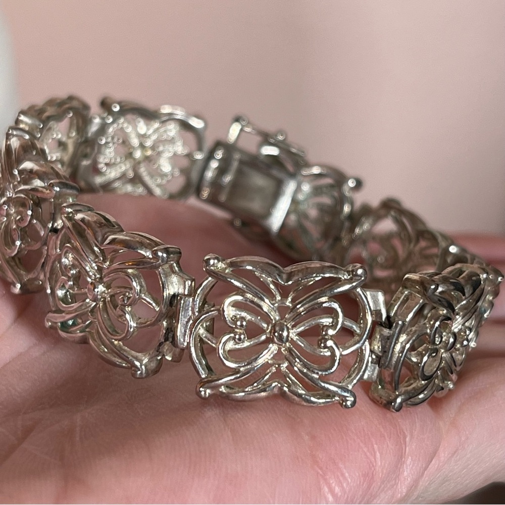 Vintage Sterling Silver Filagree art deco butterfly wide Bracelet